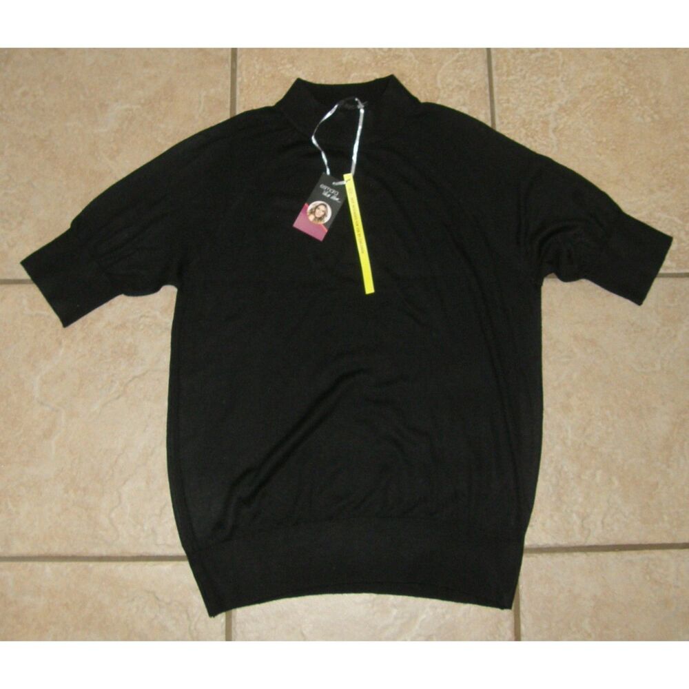 NEW Black Sz Medium Stretchy Mock Neck Lightweight Short Sleeve Sweater ESMARA